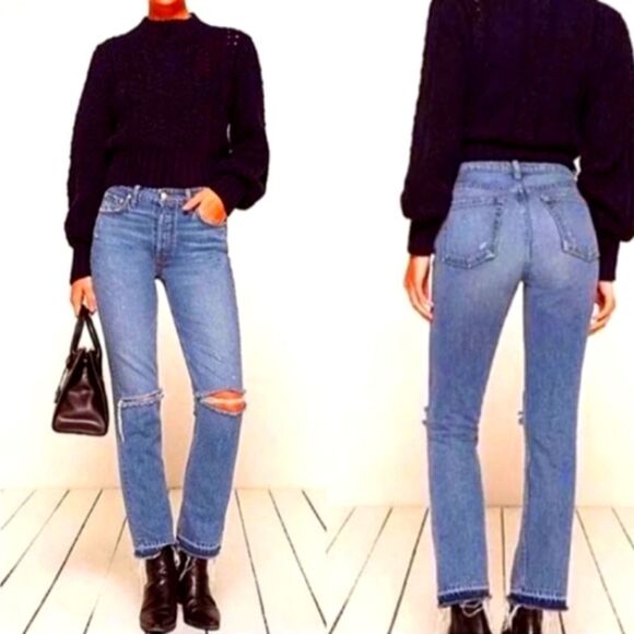 Reformation Denim - REFORMATION Winona Mid/High Rise Button Fly Distressed Knees Jeans Sz 28